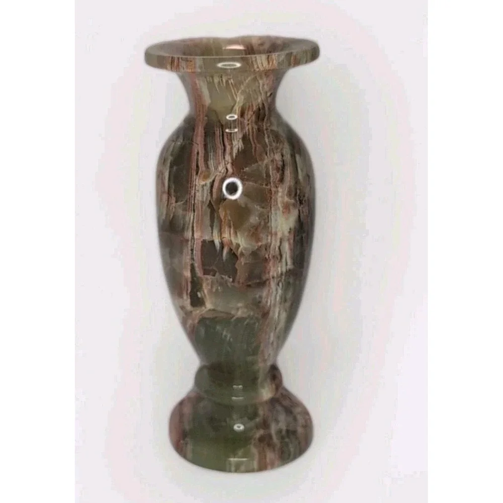 Vintage MCM Heavy Green Peach Onyx Vase Baluster Shape Banded Swirl‎ Markings